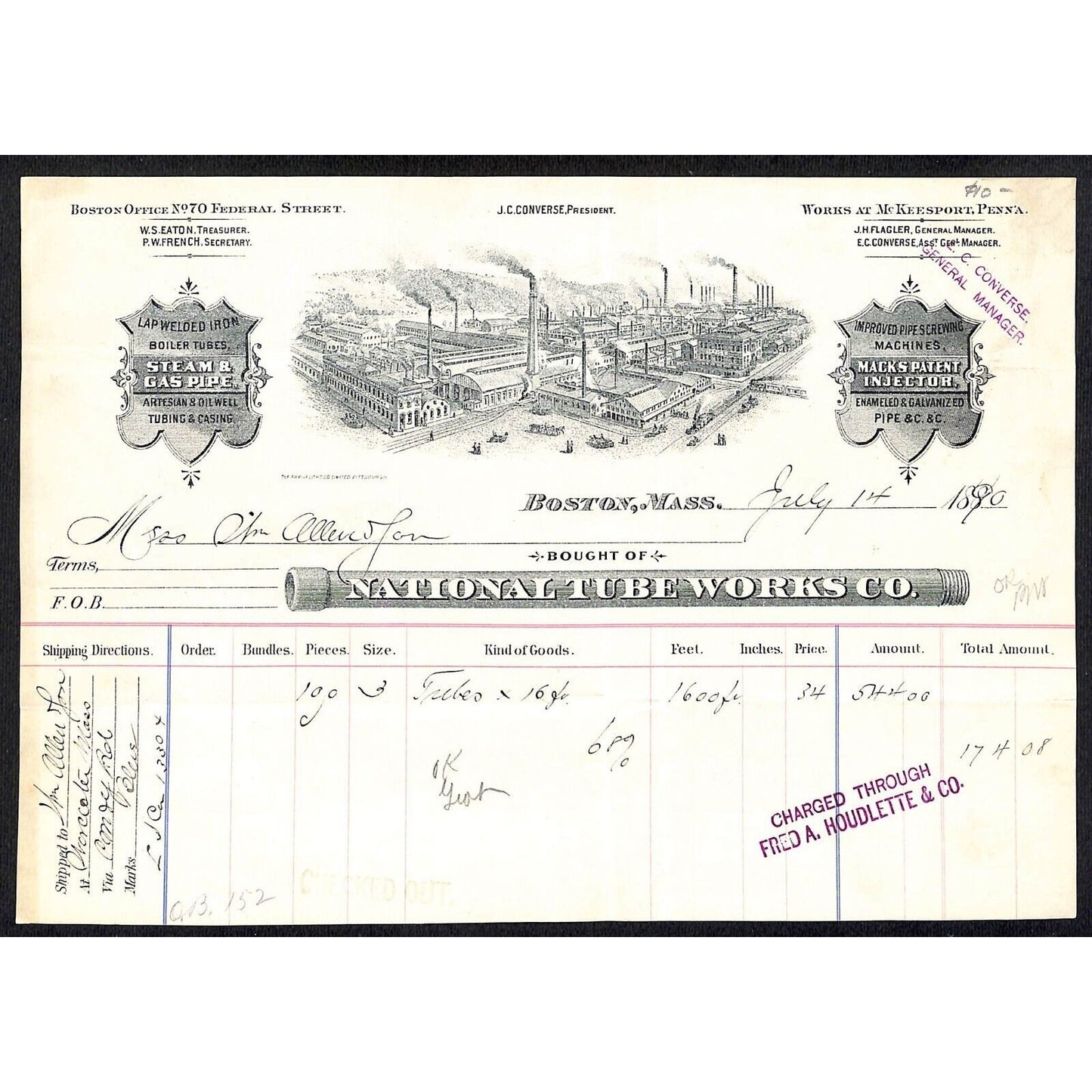 National Tube Works Boiler, Steam & Gas Pipes Boston 1890 (1880's*) Billhead