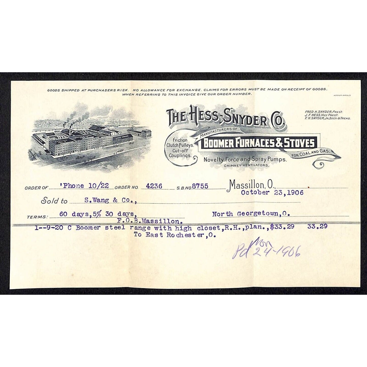 Hess-Snyder Furnaces Massillon, OH 1906 Billhead Samuel Wang* N. Georgetown , OH