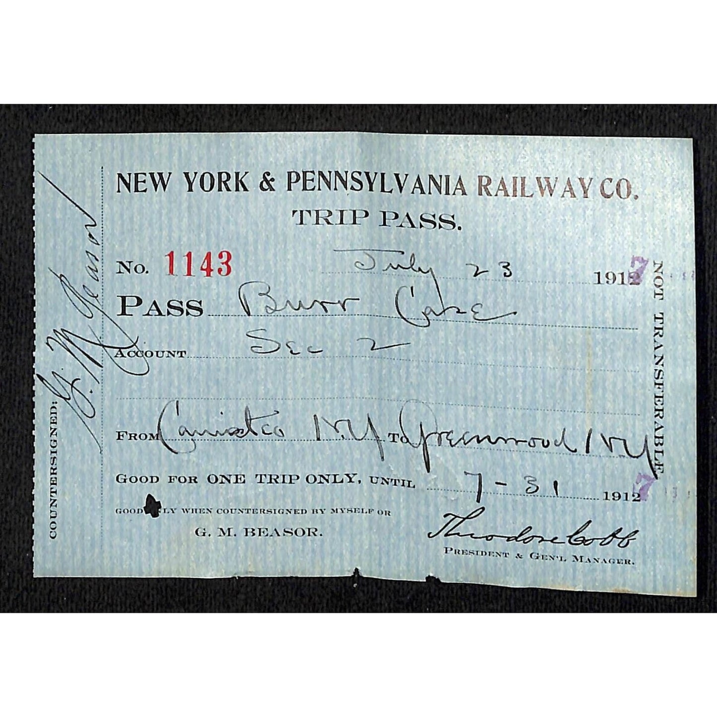 New York & Pennsylvania Railroad NYP July 23 1917 Trip Pass Ticket #1143 Scarce