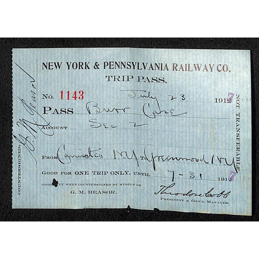 New York & Pennsylvania Railroad NYP July 23 1917 Trip Pass Ticket #1143 Scarce