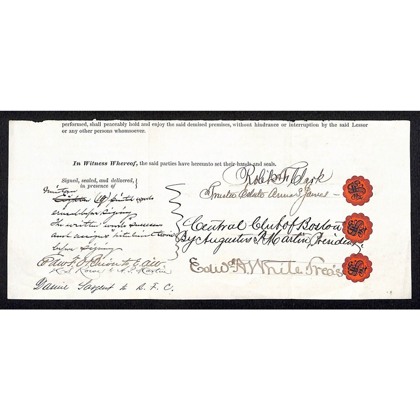 Lower Portion of 1882 for ?? Club of Boston Lease Agreement - Signatures & Seals