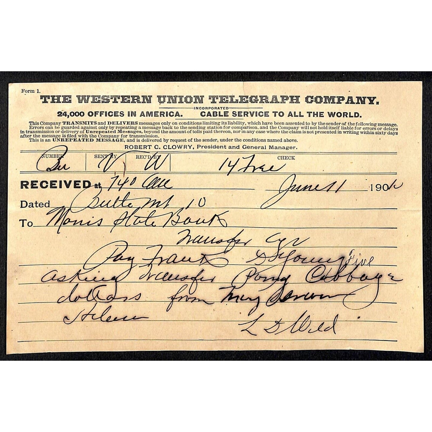 Western Union Telegraph 1910 Message Receipt w/ Illustrated Pole Vignette