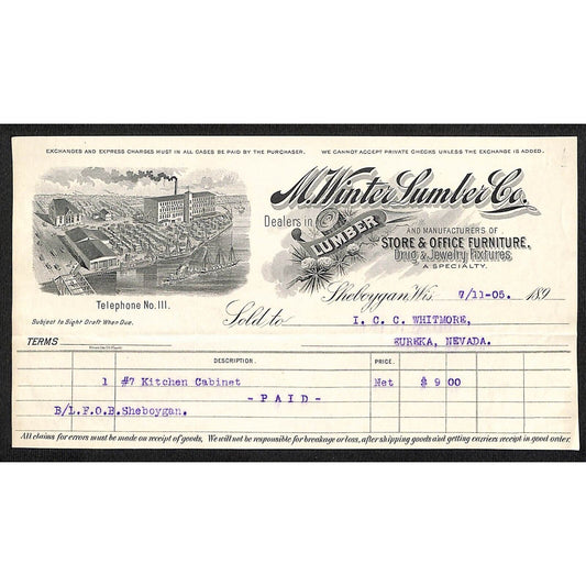 M. Winter Lumber Co Sheboygan, WI Store Office & Furniture 1905 Billhead Scarce