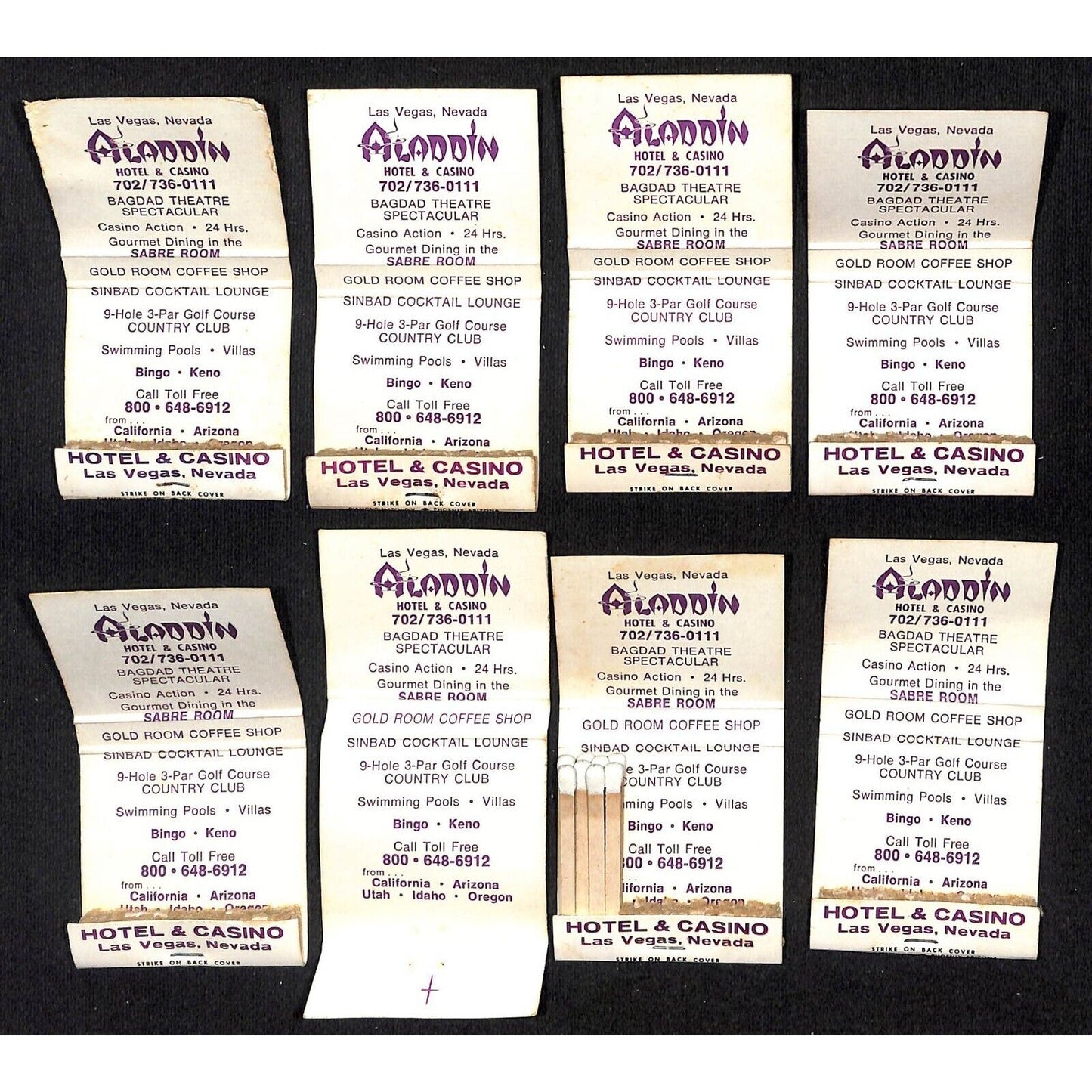 Aladdin Hotel Casino Las Vegas Couple in Pool c1974-80 8 Matchbook Covers Only