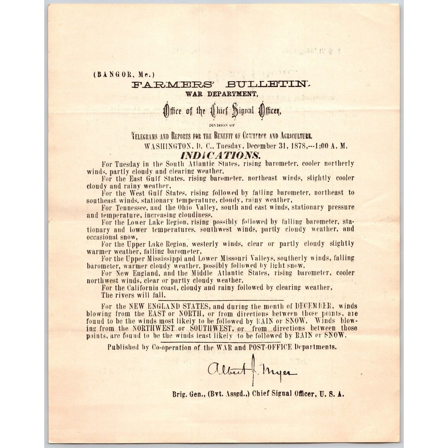 Bangor, ME Chief Signal Office, War Department Farmers' Bulletin - Dec. 31, 1878