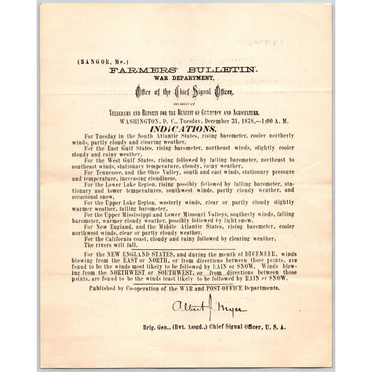 Bangor, ME Chief Signal Office, War Department Farmers' Bulletin - Dec. 31, 1878