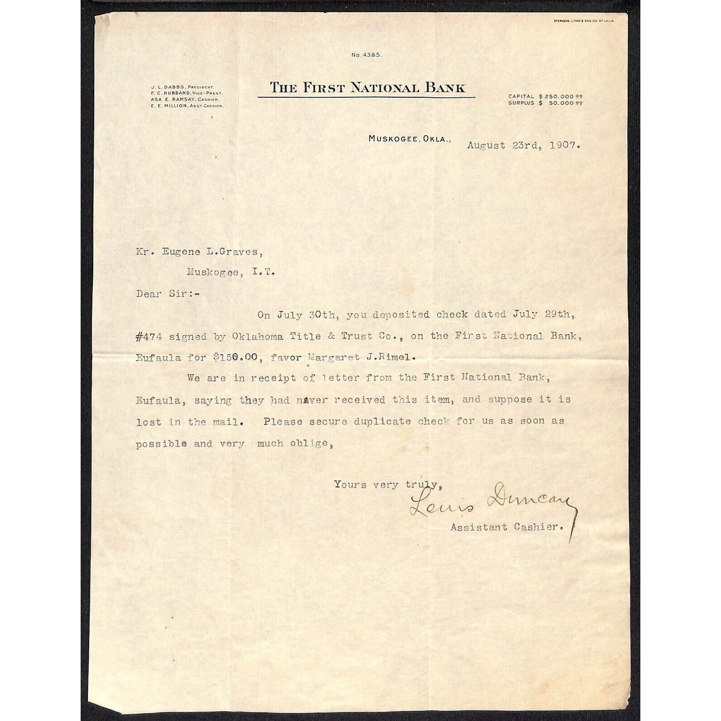 1907 First National Bank Territorial Muskogee, OK TLS Letterhead