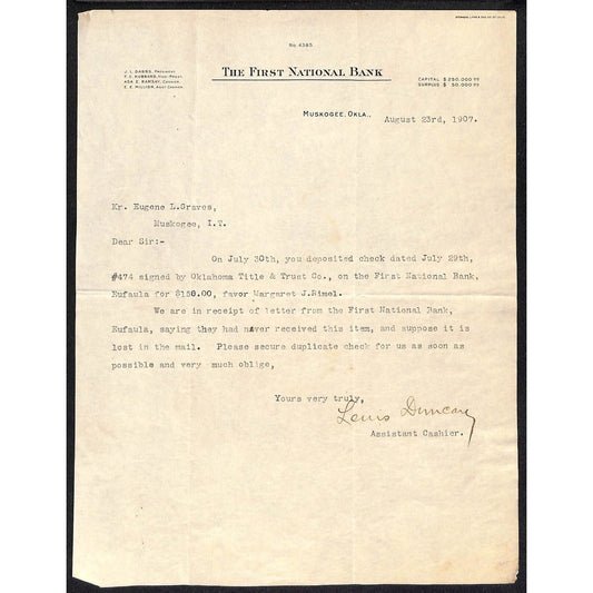 1907 First National Bank Territorial Muskogee, OK TLS Letterhead