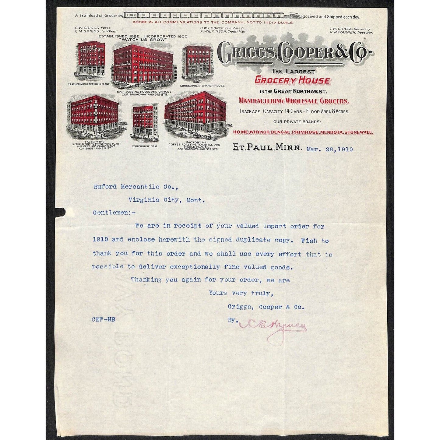 Griggs, Cooper & Co. St. Paul Grocery House Buford* 1910 Letterhead re: Order