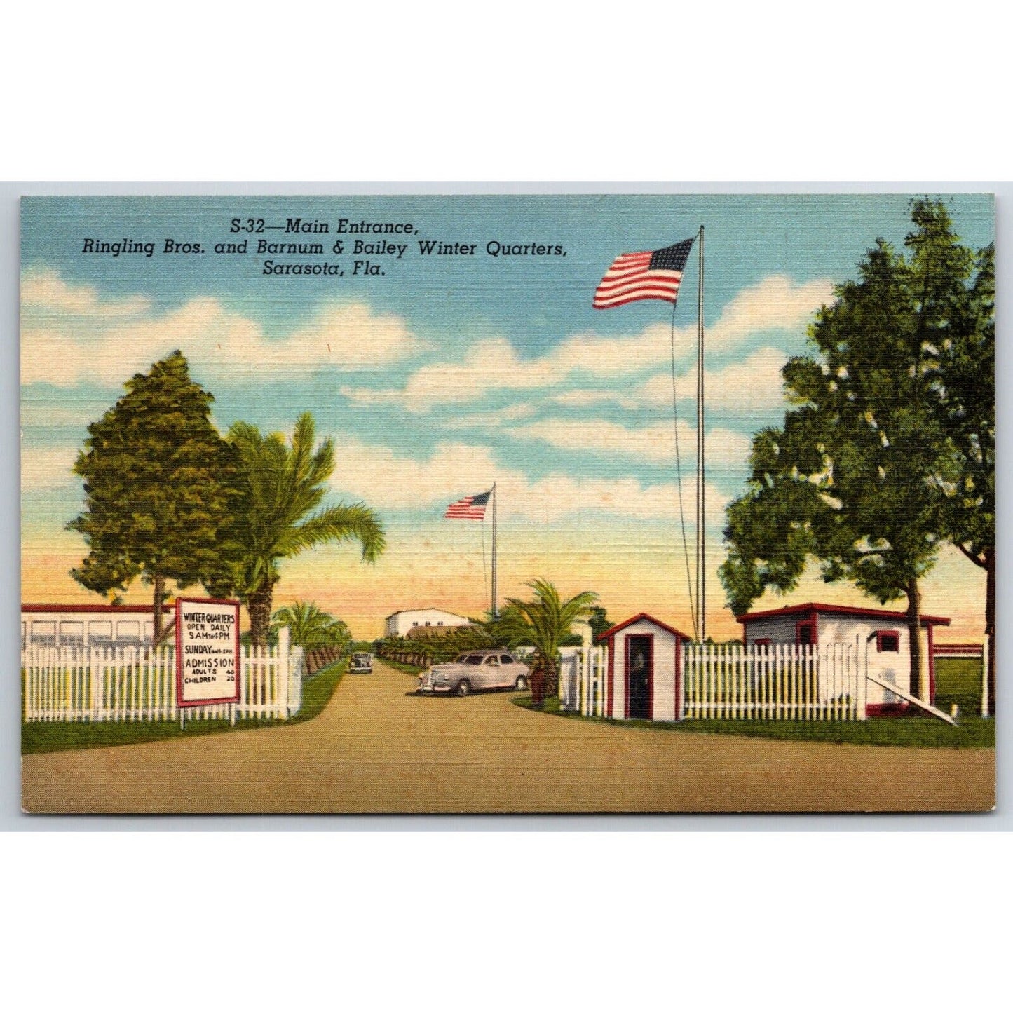 Main Entrance Ringling Bros Winter Quarters Sarasota Linen Postcard c1935-45 VGC