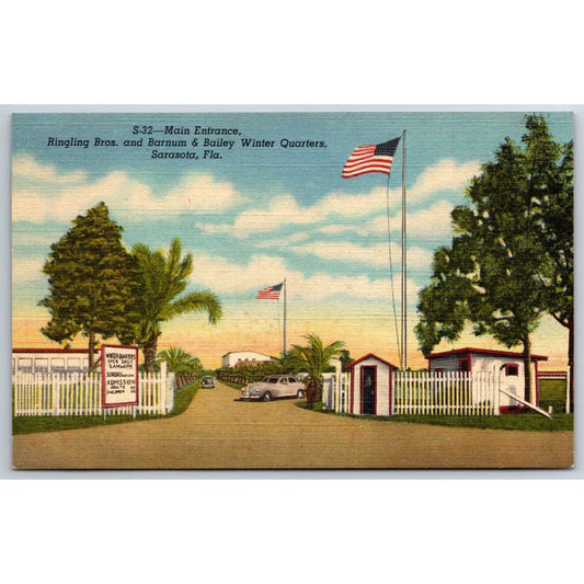Main Entrance Ringling Bros Winter Quarters Sarasota Linen Postcard c1935-45 VGC