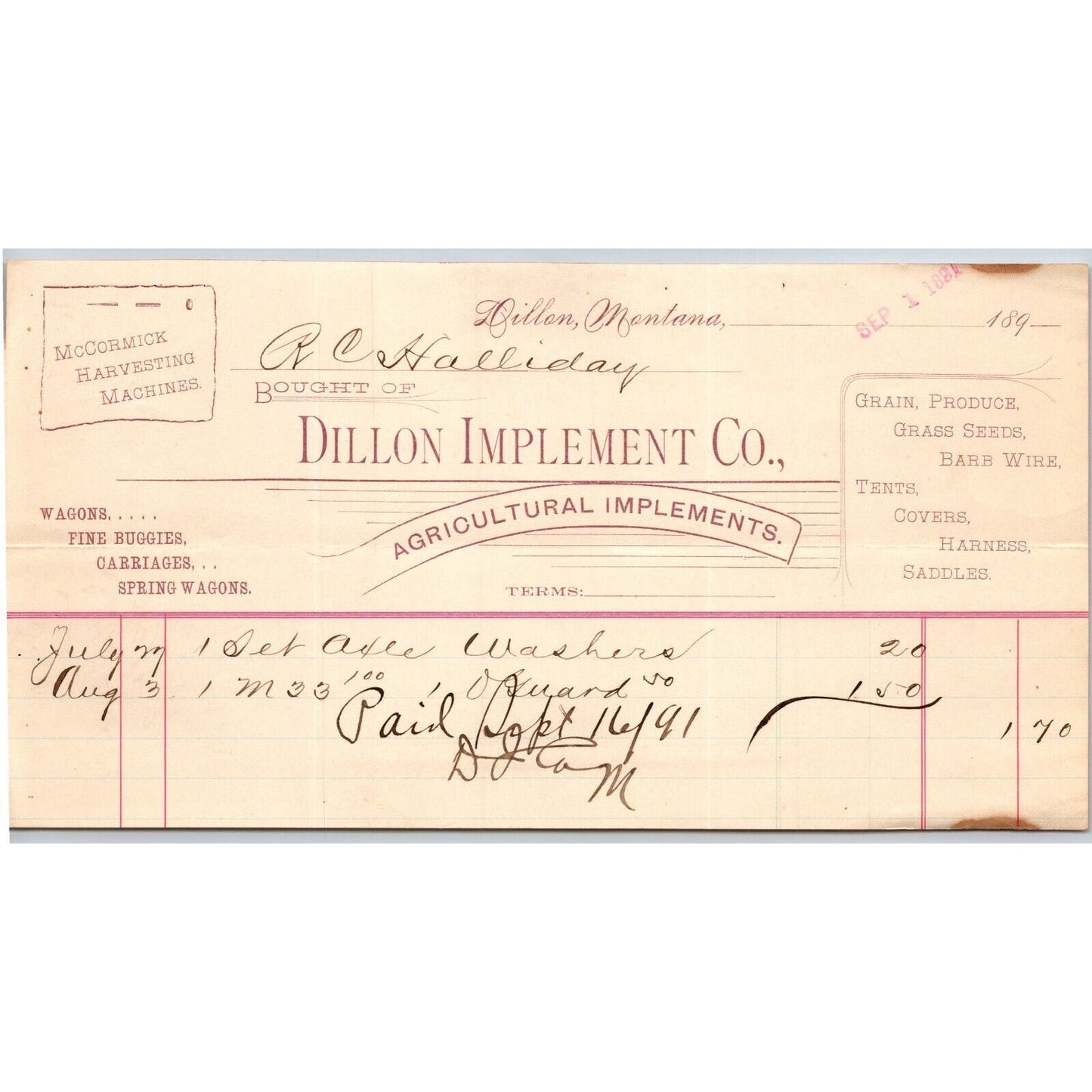 Dillon, MT Dillon Implement Co. Carriages Wagons 1891 Billhead R.C. Halliday*