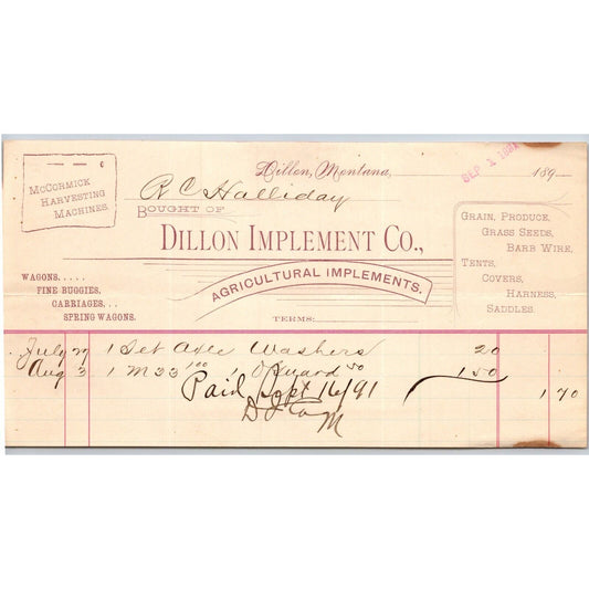 Dillon, MT Dillon Implement Co. Carriages Wagons 1891 Billhead R.C. Halliday*