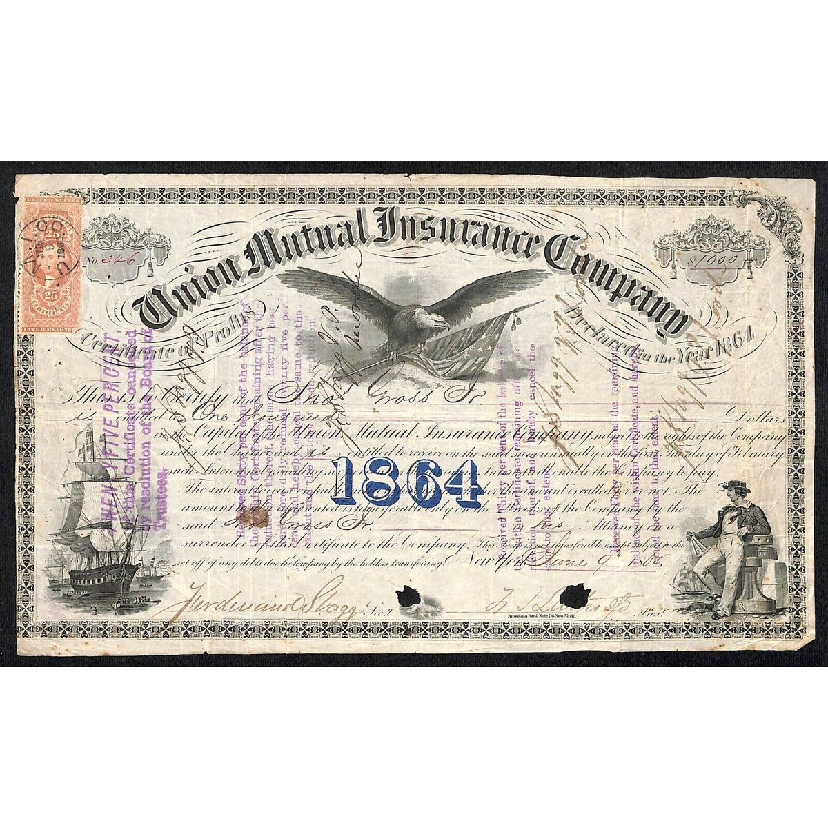 Union Mutual Insurance Co. NY 1864 Stock Certificate Thos. Gross Jr. Tax Stamp