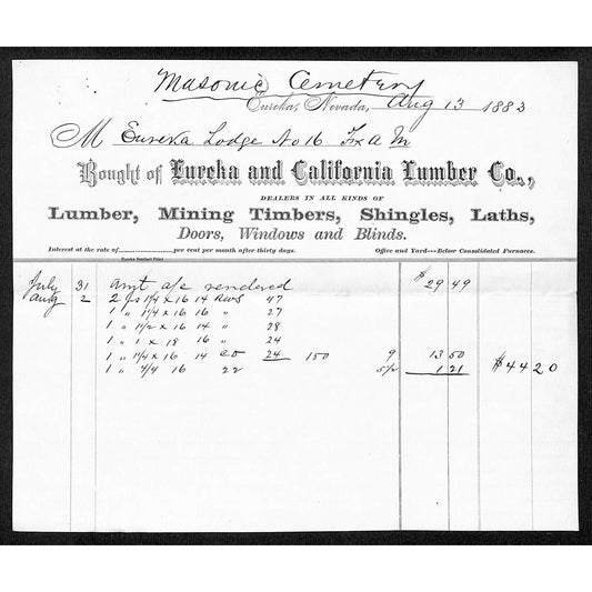 Eureka and California Lumber Co Nevada 1883 Billhead Mining Timbers - VGC Scarce
