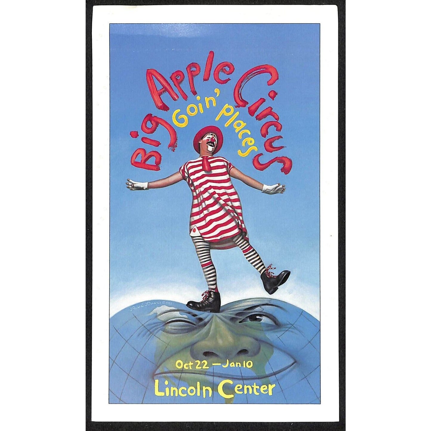 c1990's Big Apple Circus / Lincoln Center NYC Clown on Globe Art Card