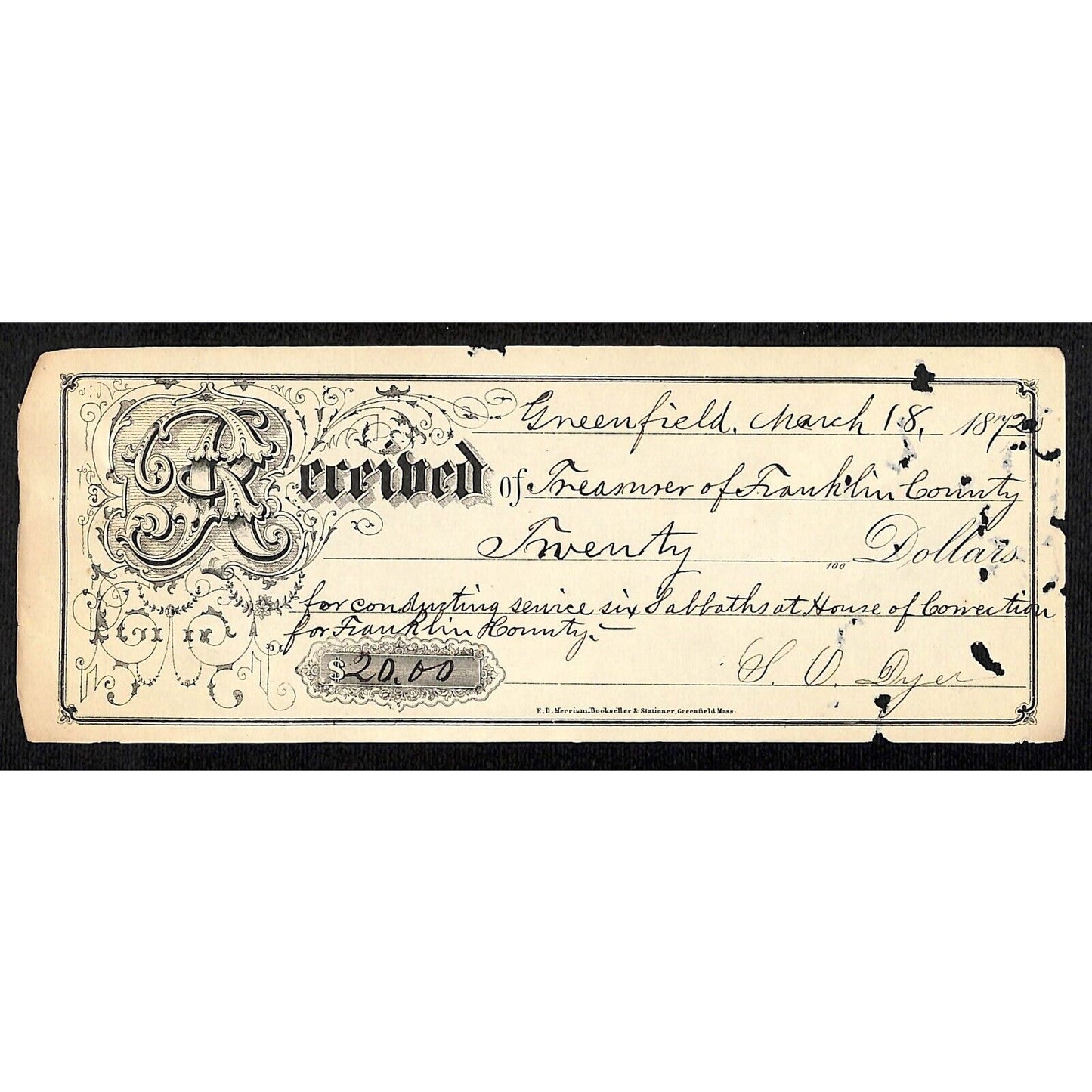 1872 Greenfield, MA Treasurer of Franklin County Receipt House of Correction..