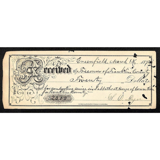 1872 Greenfield, MA Treasurer of Franklin County Receipt House of Correction..