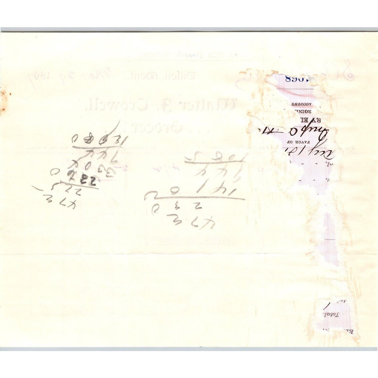 Dillon, MT Walter J. Crowell Grocer 1897 Billhead S.R. Buford* Virginia City