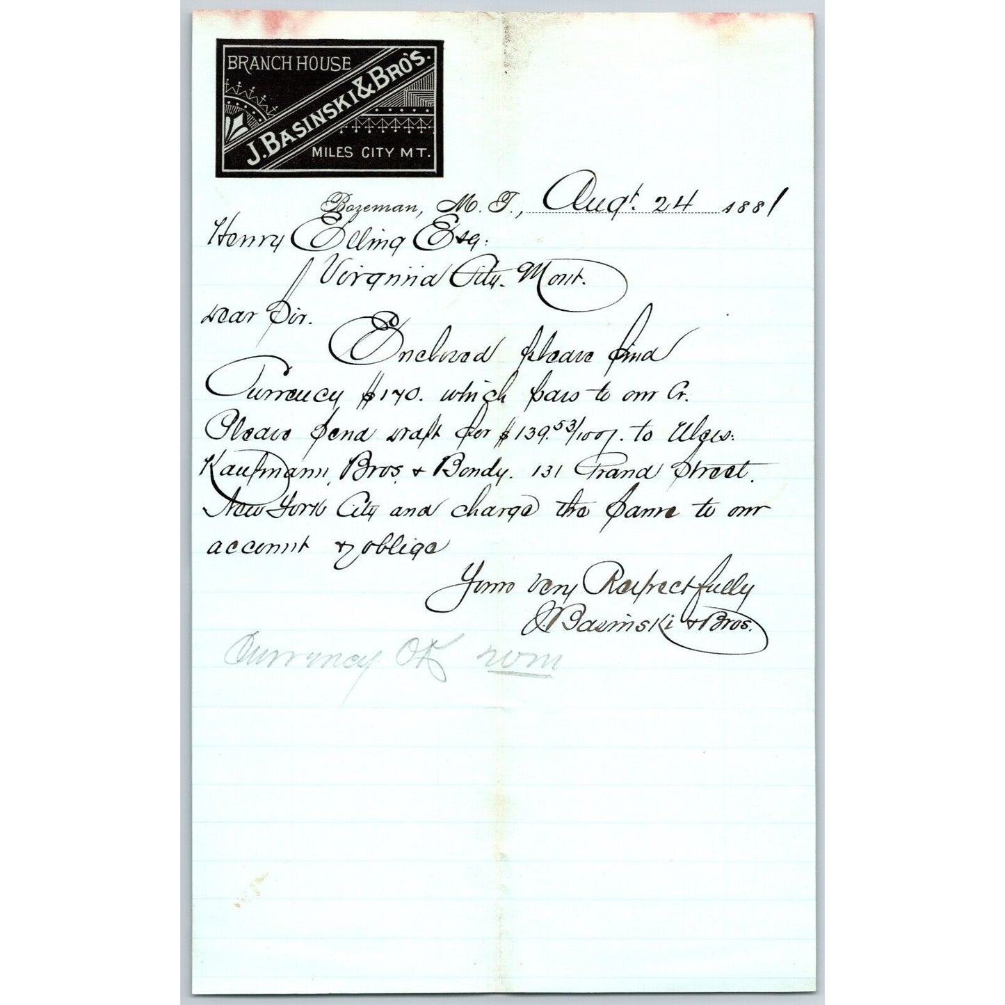 J. Basinski & Bros. Bozeman, MT (Dry Goods) 8/24 1881 Letterhead Henry Elling*