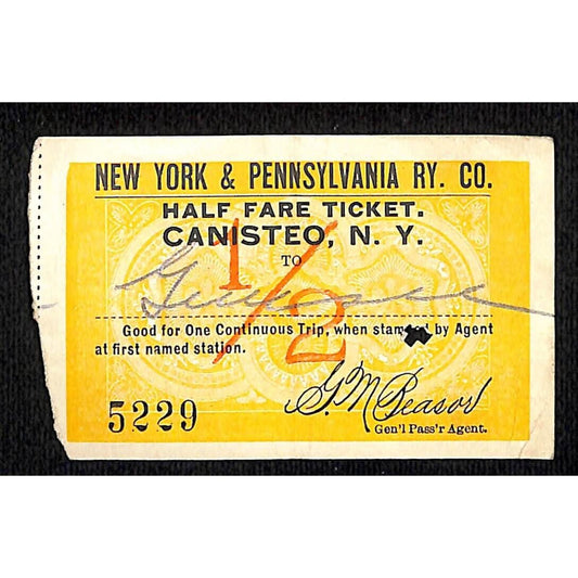 New York & Pennsylvania Railroad RY July 14 1917 Genesee 1/2 Fare Ticket #5229
