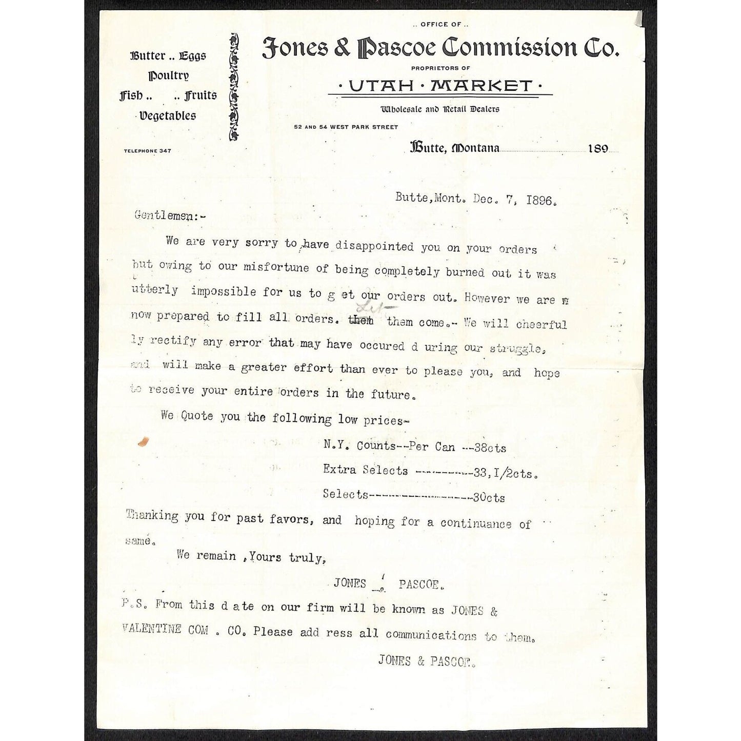 Jones & Pascoe / Utah Market Poultry Fish Butte, MT 1896 Letterhead re: Delivery