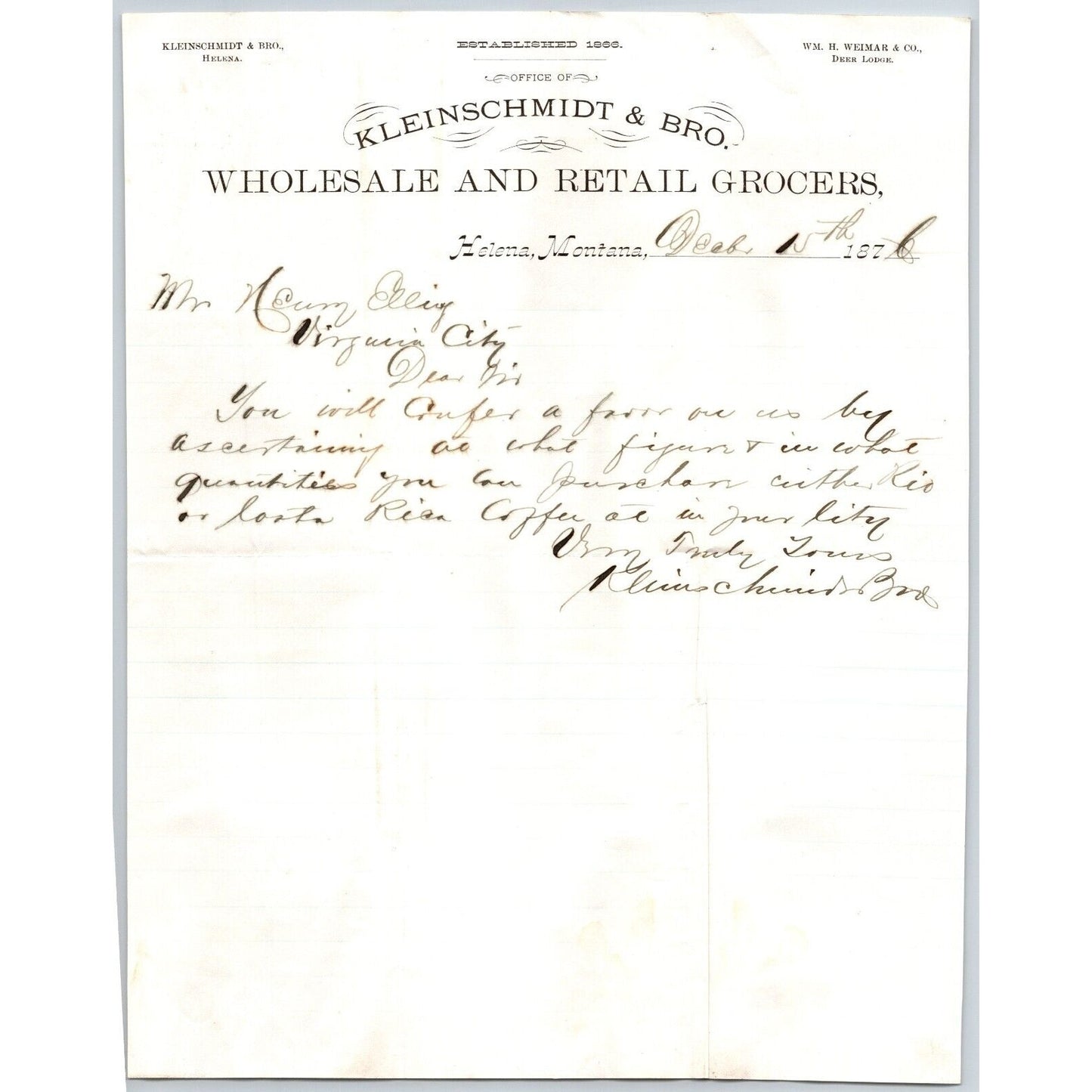 Kleinschmidt & Bro. Grocers Helena, MT 1876 Letterhead to Henry Elling* Scarce