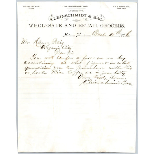 Kleinschmidt & Bro. Grocers Helena, MT 1876 Letterhead to Henry Elling* Scarce
