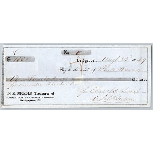 Naugatuck Railroad Co. Bridgeport Connecticut 1849 Check #107 Philo Hurd Signed