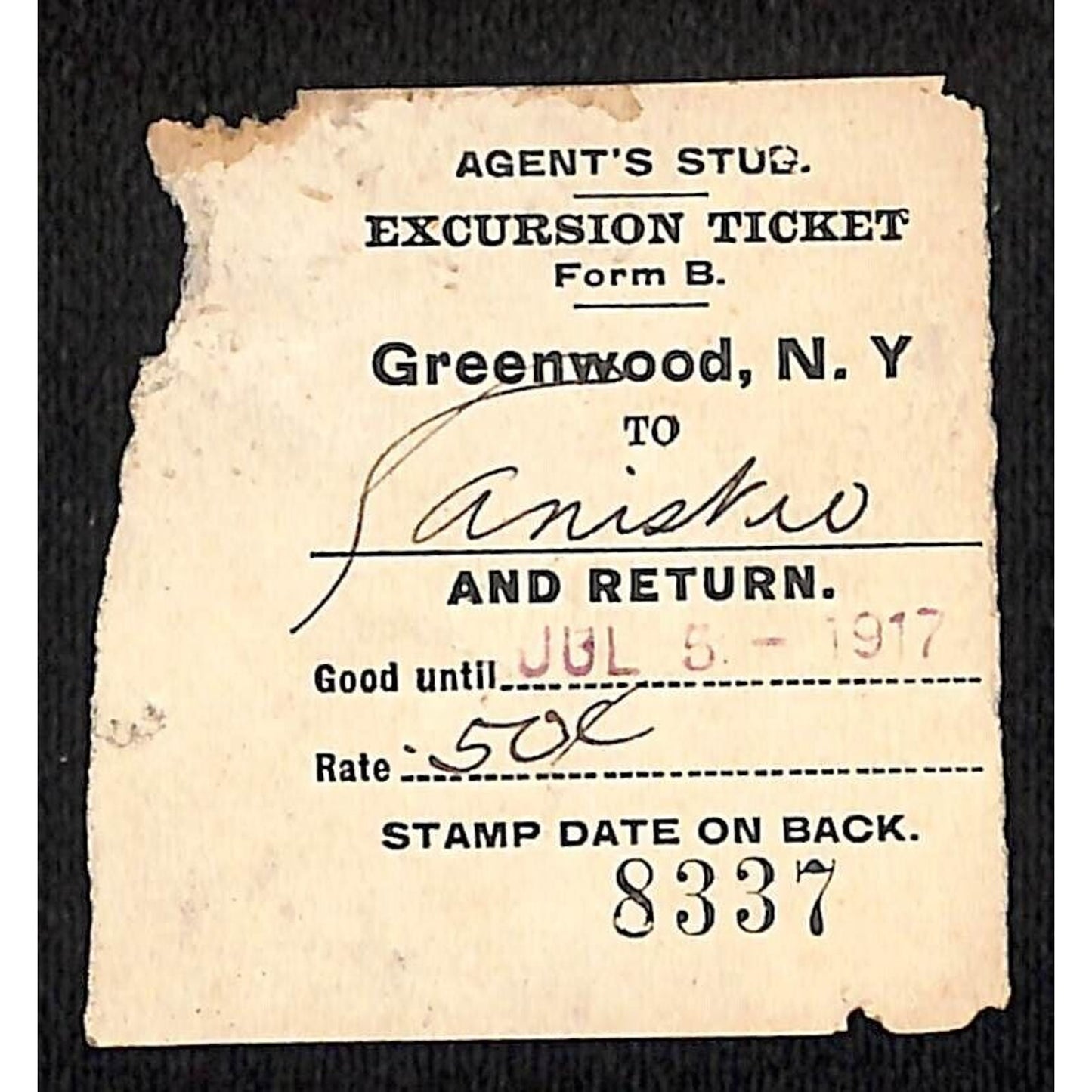 New York & Pennsylvania Ry 1917 Greenwood, NY Excursion Ticket Stub #8337