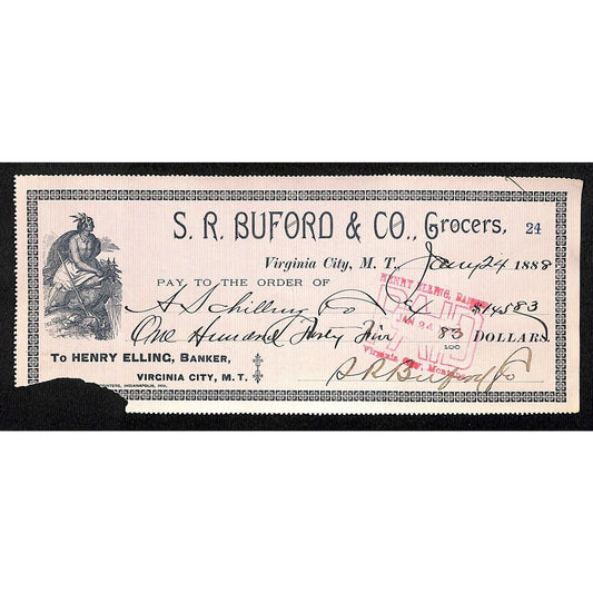 1888 Henry Elling Virginia City Montana Territory S.R. Buford Grocers Check #24