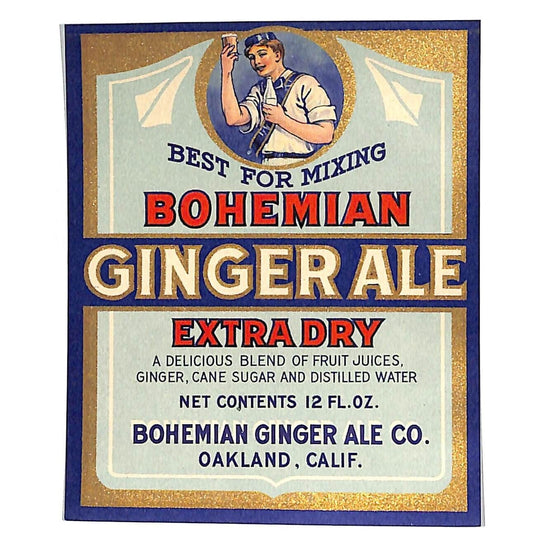 Bohemian Ginger Ale Oakland, CA Paper Label c1940's Gold Ink VGC