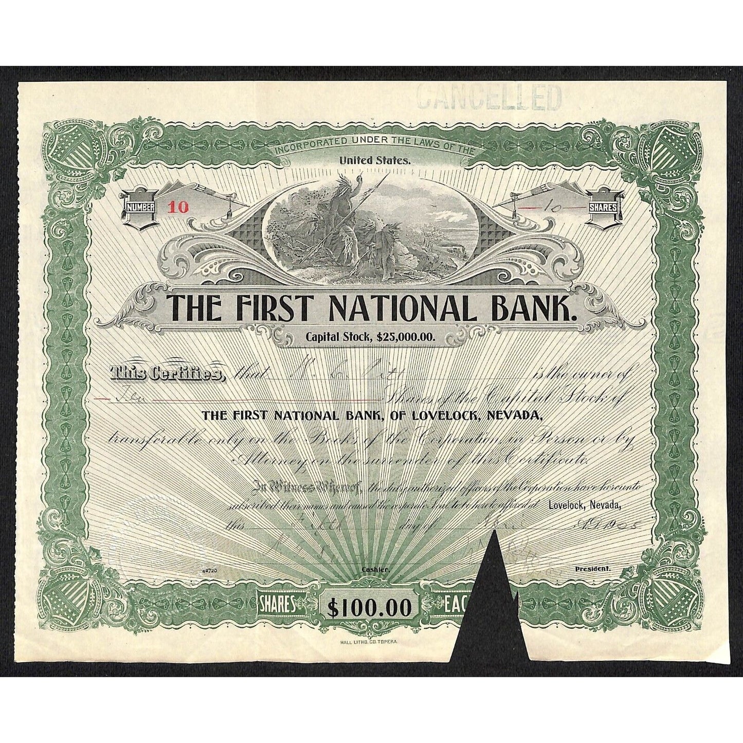 First National Bank of Lovelock, NV 1905 Stock Certificate to R.G. Smith *