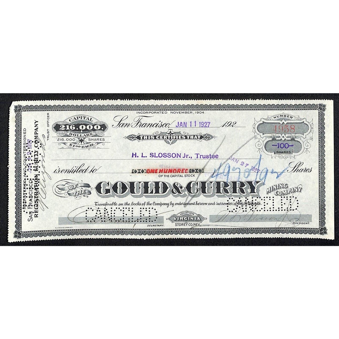 Gould & Curry Mining Company San Francisco 1927 Stock Certificate #4958 VGC