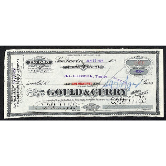 Gould & Curry Mining Company San Francisco 1927 Stock Certificate #4958 VGC