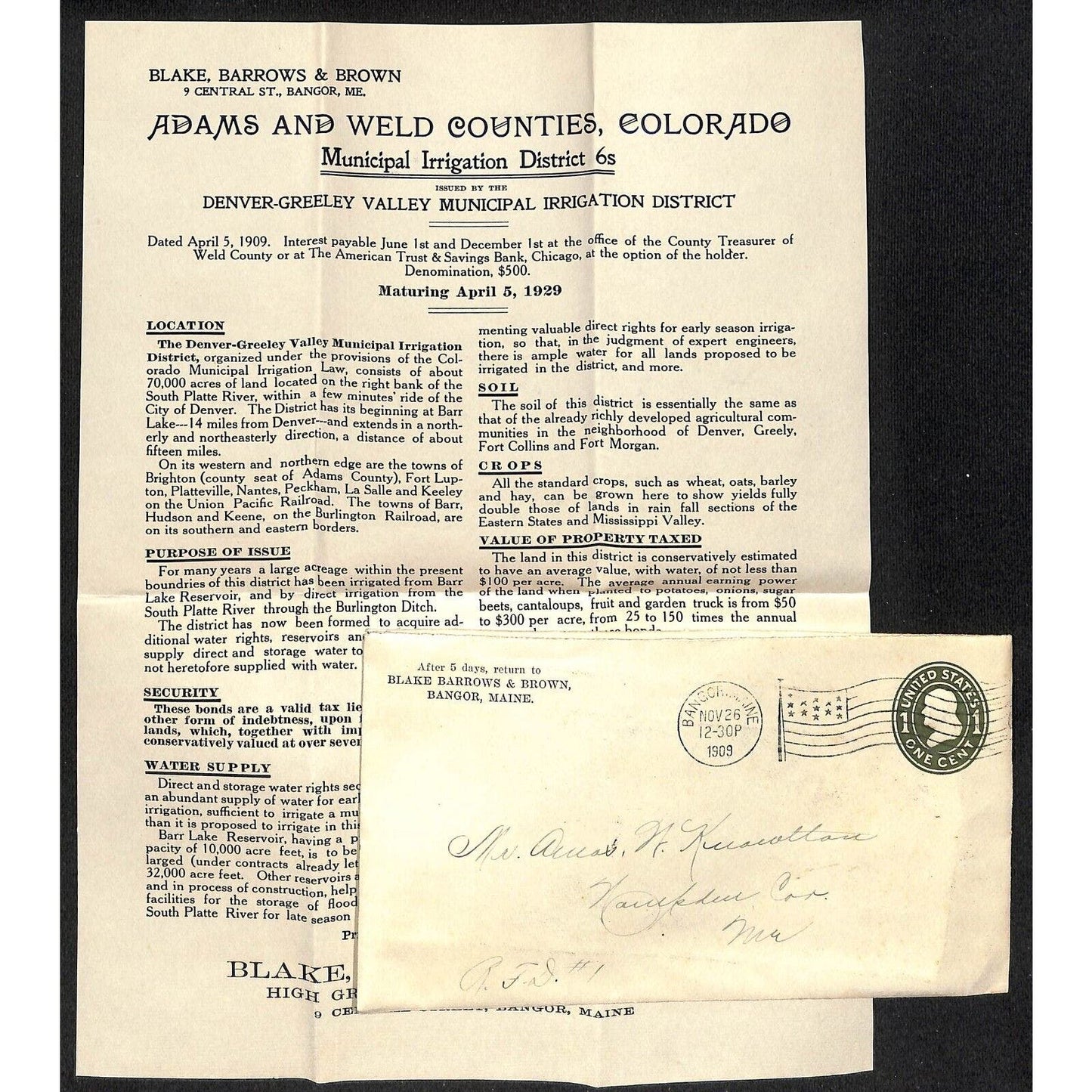 Blake, Barrows & Brown Adams & Wells Counties re: Irrigation Bond 1910 Knowlton*