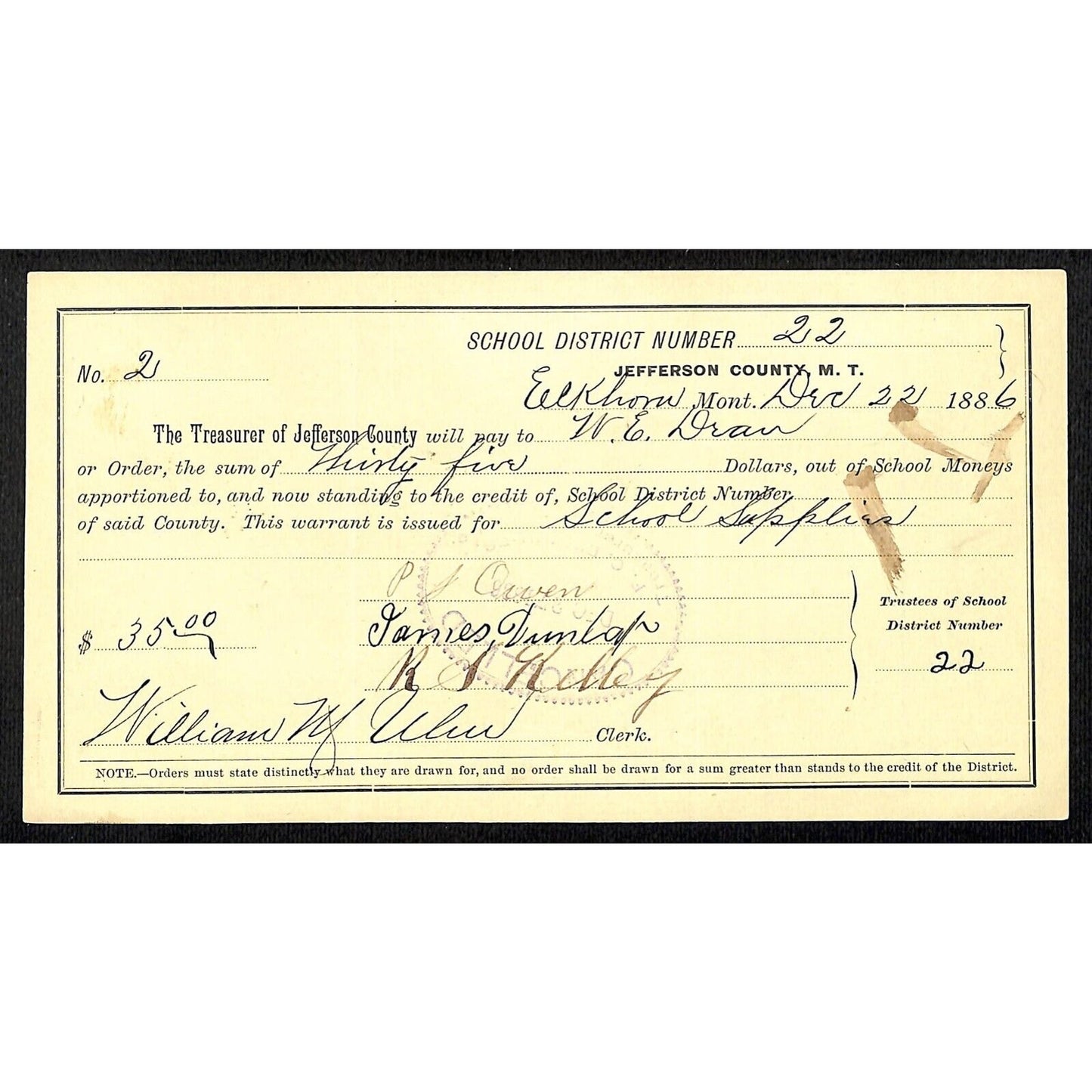 1886 Jefferson County Montana Territory School Warrant - School Supplies