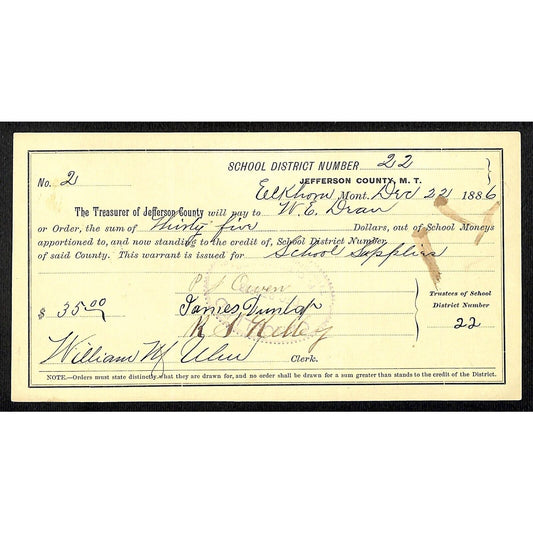 1886 Jefferson County Montana Territory School Warrant - School Supplies