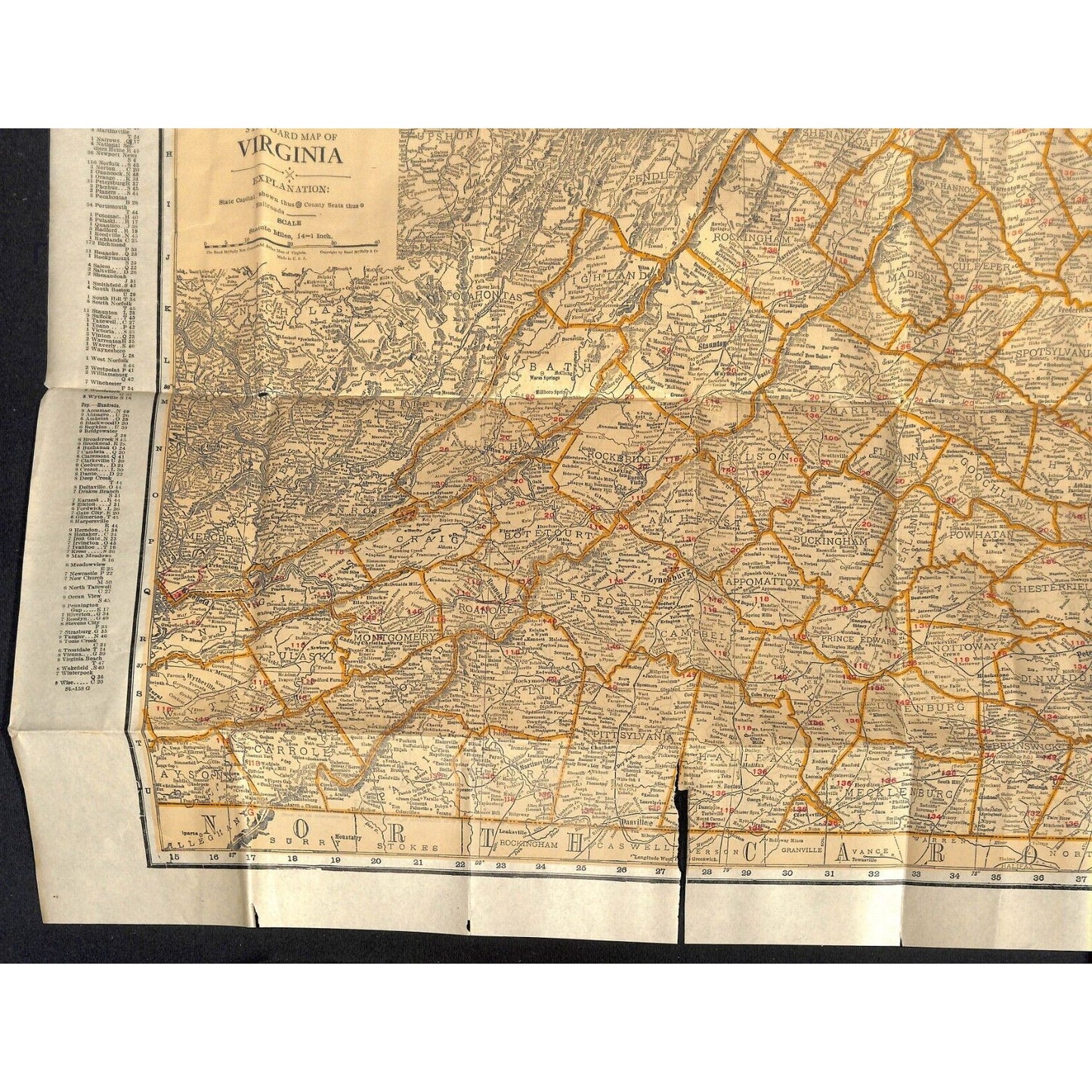 Rand McNally Tourists' Guide Virginia Indexed Pocket Map 21" x 28" c1920's