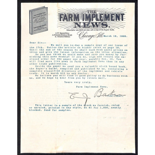 Farm Implement News Chicago 1898 Letterhead re: Sample Copy