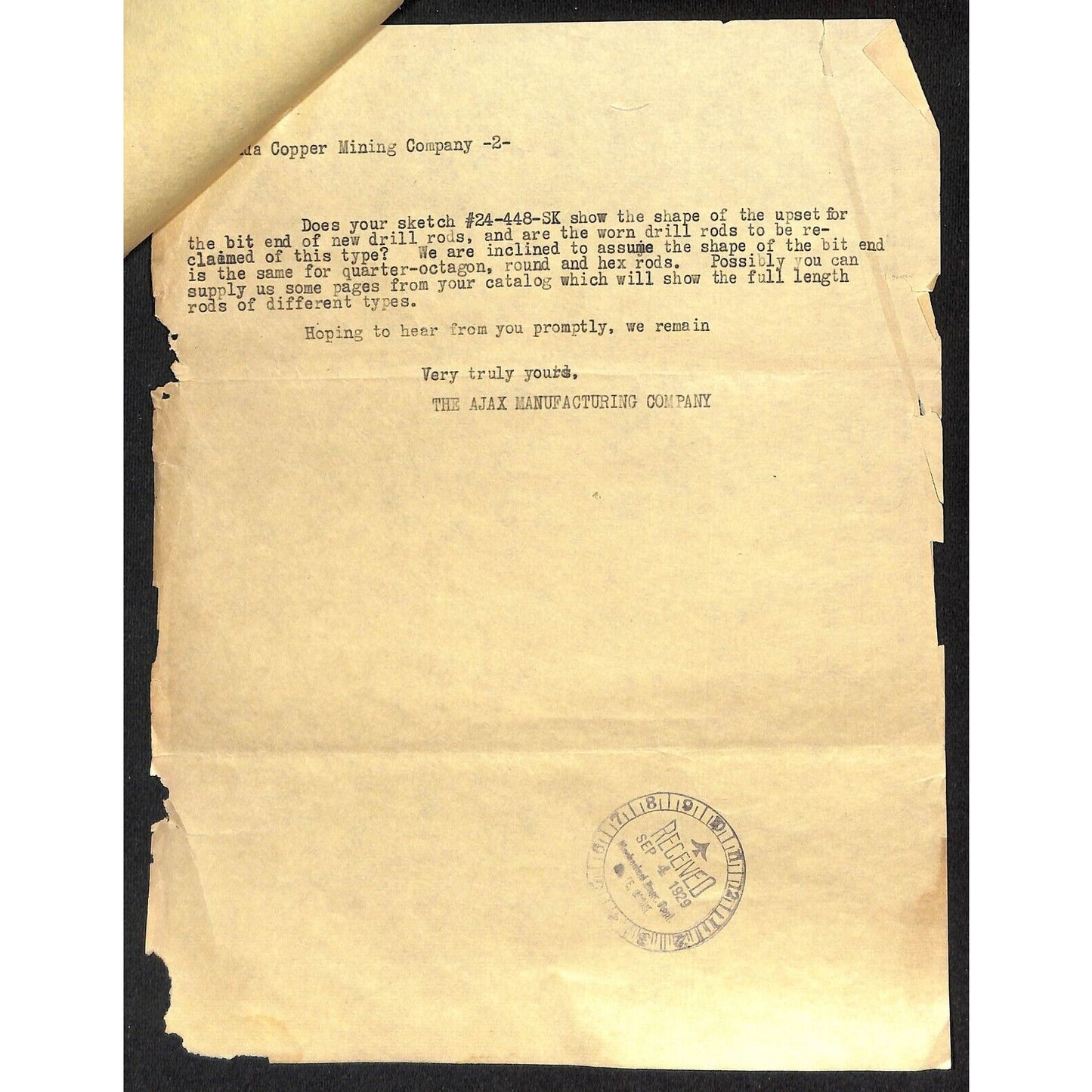 Ajax Mfg. Co. Euclid / Anaconda Mining 1929 2pp Letterhead re: Upsetting Machine