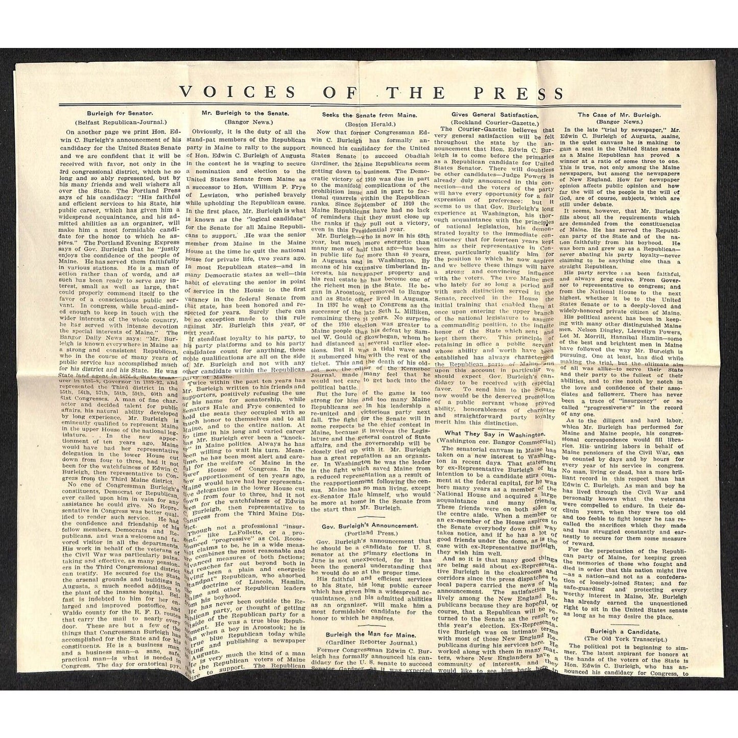 Augusta, ME "Voices of the Press" 1912 Knowlton* Senator Edwin C. Burleigh