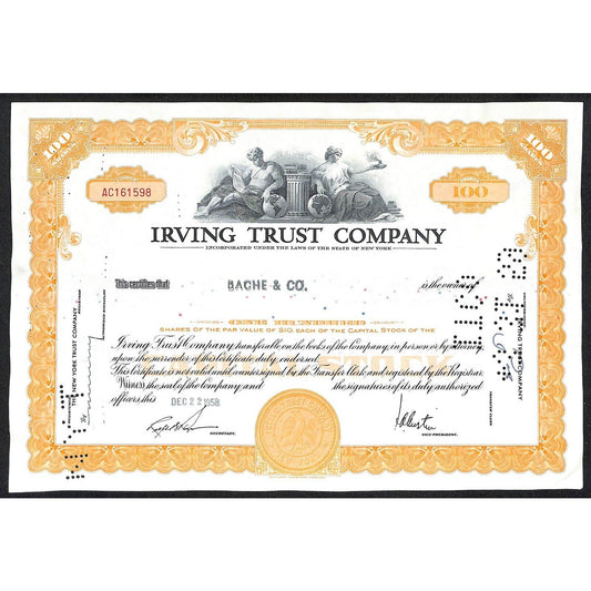 Irving Trust Company NY 1958 Stock Certificate to: Bache & Co. #161598