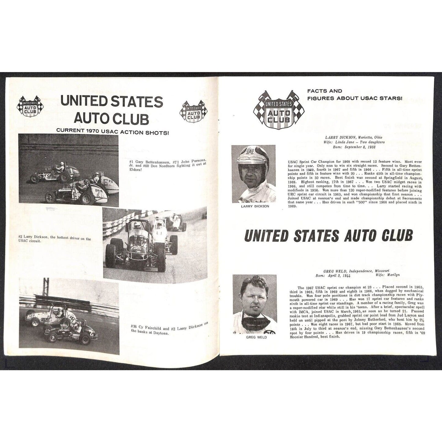 Reading Fairgrounds 1970 USAC Auto Races Program Sprint Car Champion 12pp*