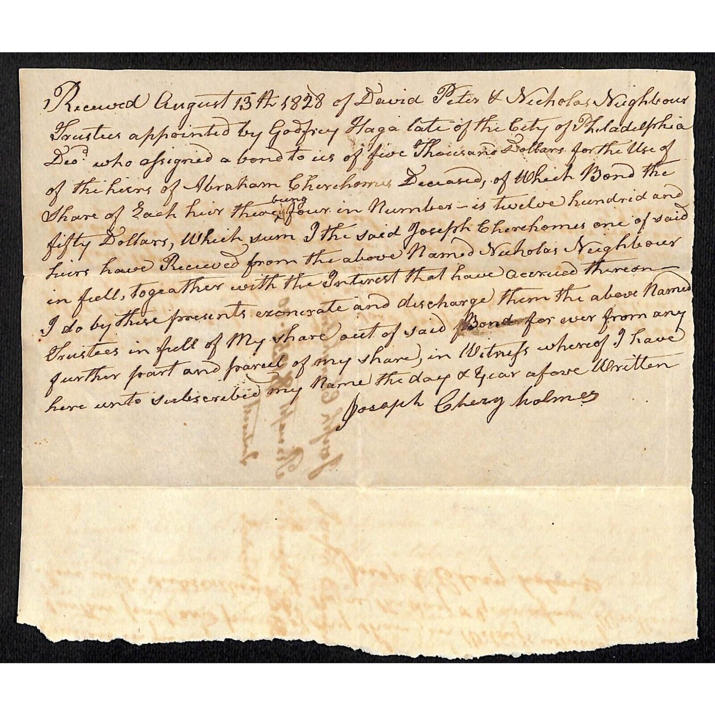 1828 Philadelphia Share Payment Receipt Nighbour /Joseph Churehomes ? Document