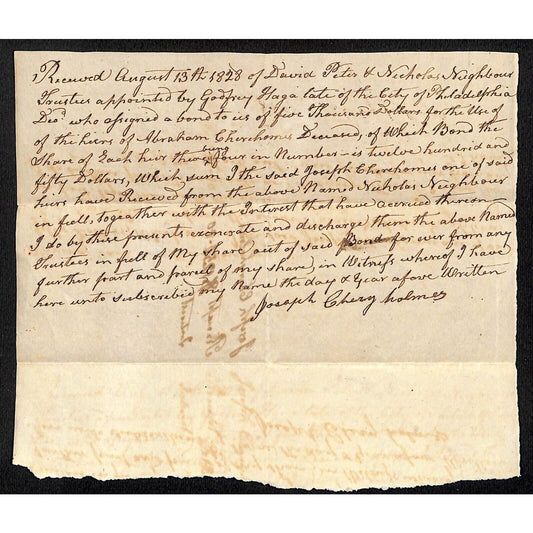 1828 Philadelphia Share Payment Receipt Nighbour /Joseph Churehomes ? Document