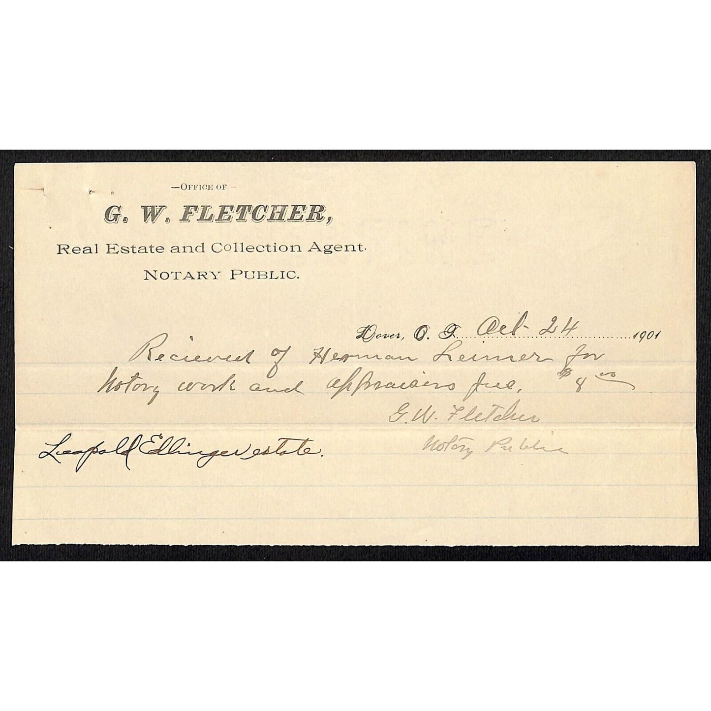 1901 G.W. Fletcher Collection Agent Dover, OK Indian Territory Receipt Billhead