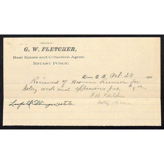 1901 G.W. Fletcher Collection Agent Dover, OK Indian Territory Receipt Billhead
