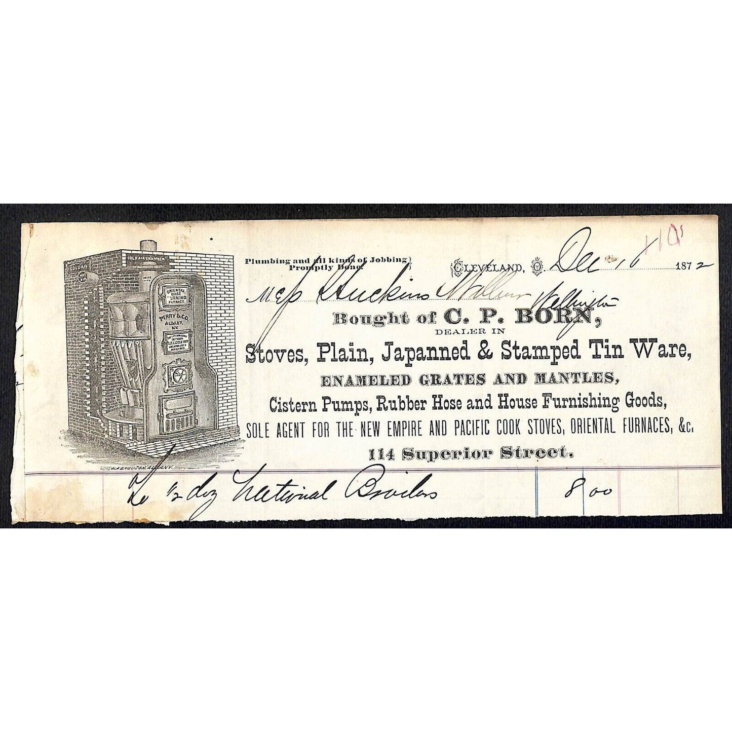 C.P. Born Stoves Japanned & Stamped Tin Cleveland 1872 Billhead Scarce