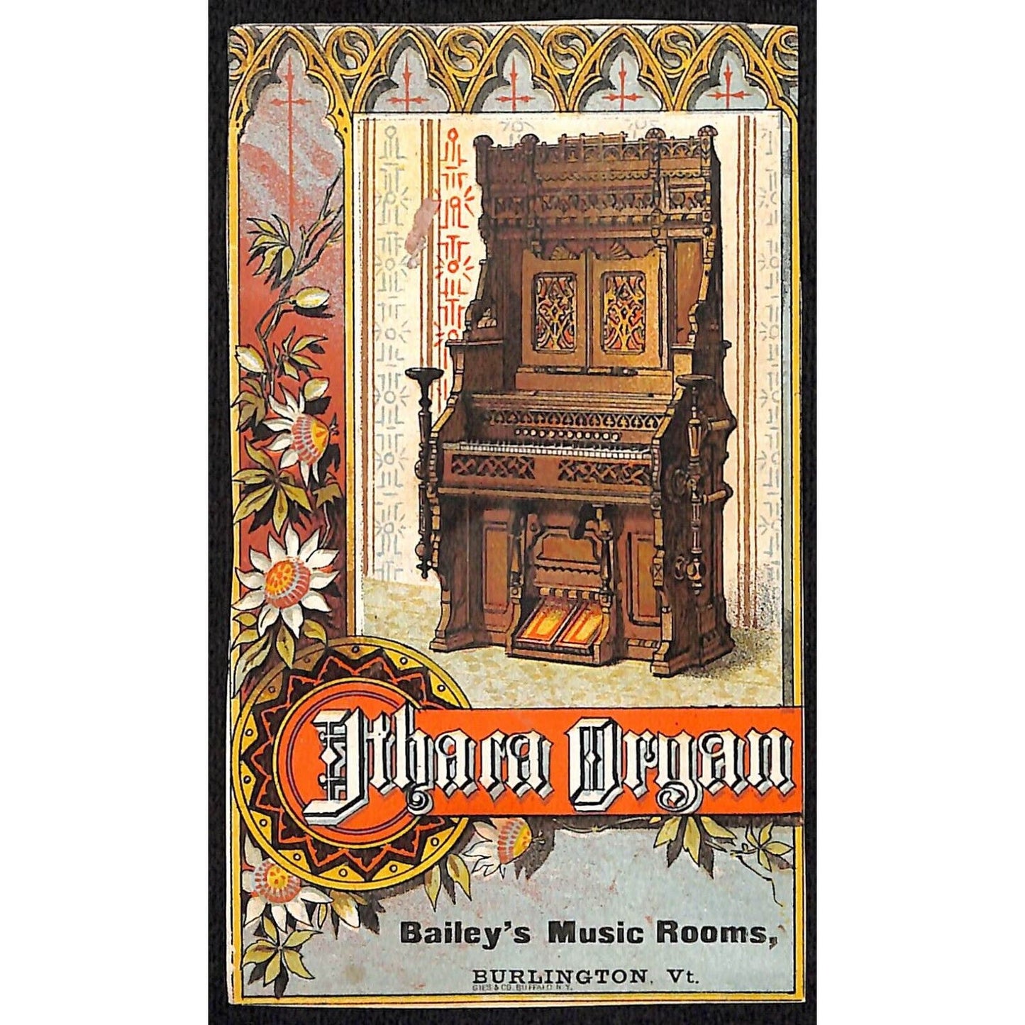 Bailey's Music Rooms Burlington, VT Ithaca Organ & Piano Victorian Trade Card